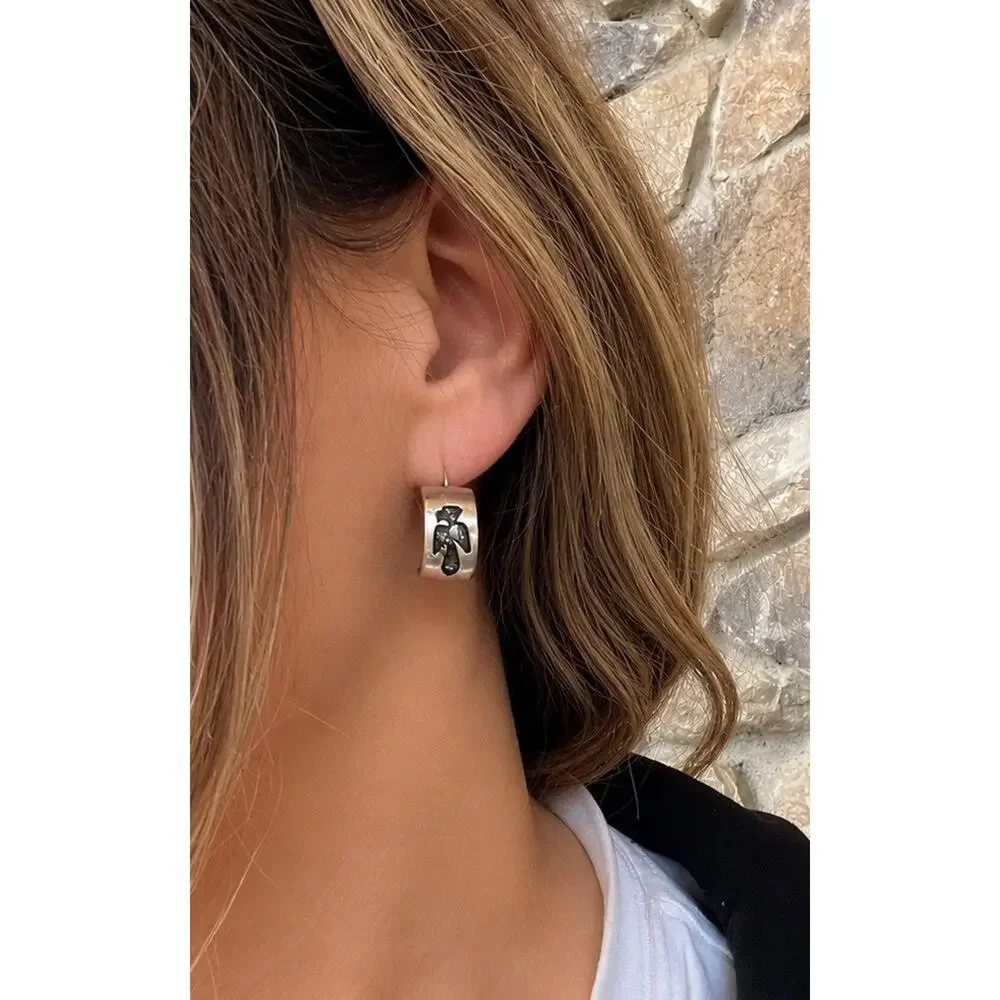 Vintage Navajo Sterling Silver Thunderbird Half Hoop Earrings Signed CT Native